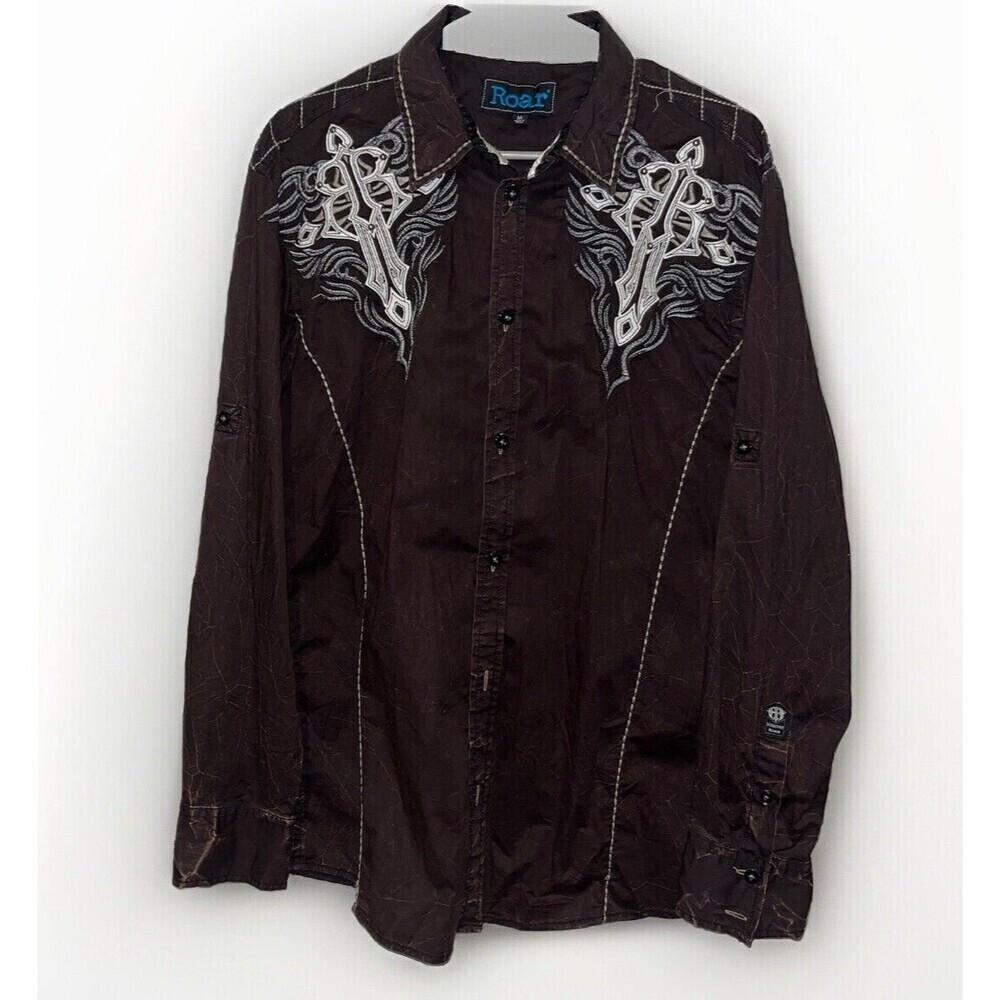 ROAR M Shirt Men Brown Button Down Biker Grunge Cross Embroidery Western Stitch